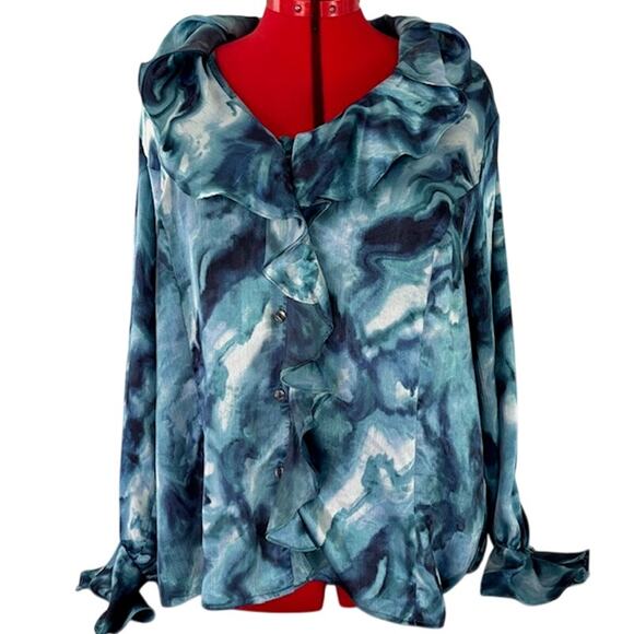 JONES NEW YORK Plus 2X Button Up Long Sleeve Agate Blue Romantic Ruffled Blouse - Picture 1 of 8